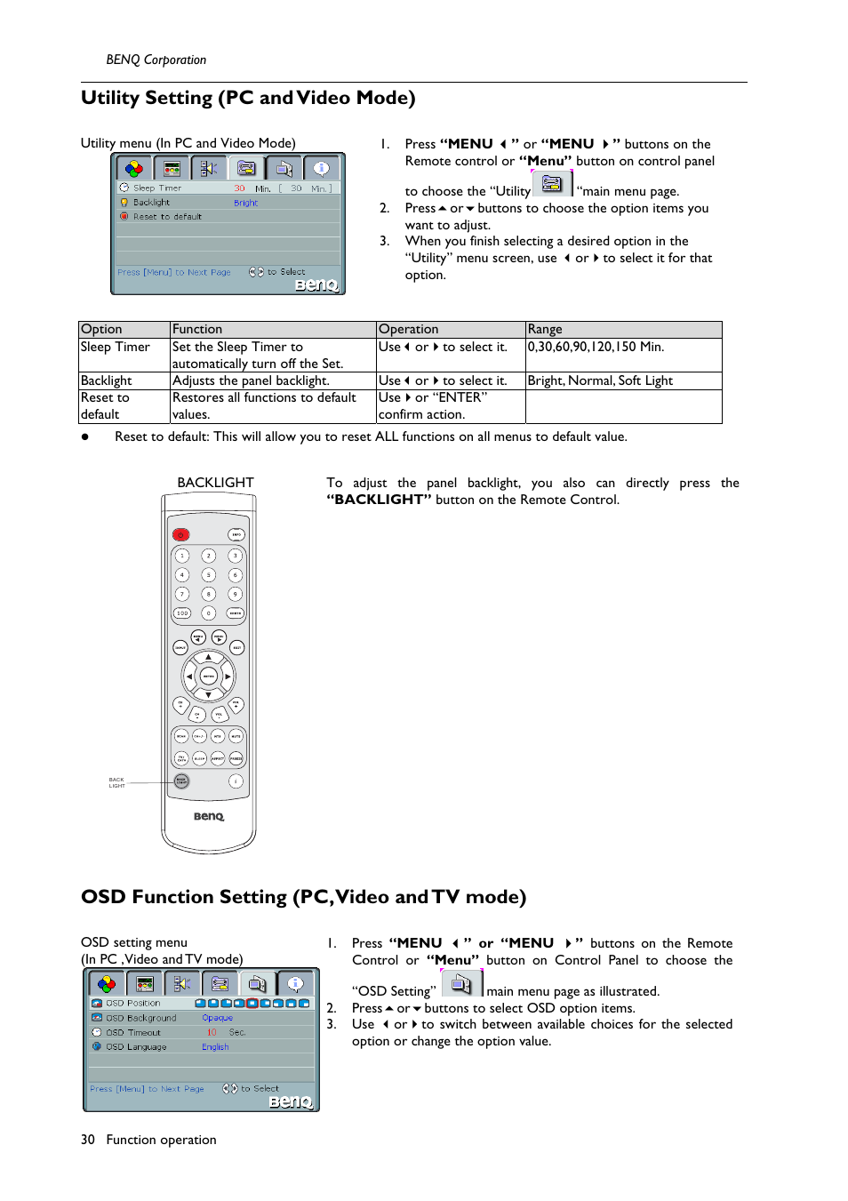 Utility setting (pc and video mode), Osd function setting (pc, video and tv mode) | BenQ H200:A User Manual | Page 32 / 48