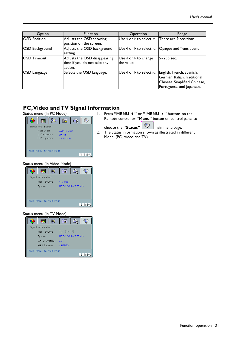 Pc, video and tv signal information | BenQ H200:A User Manual | Page 33 / 48