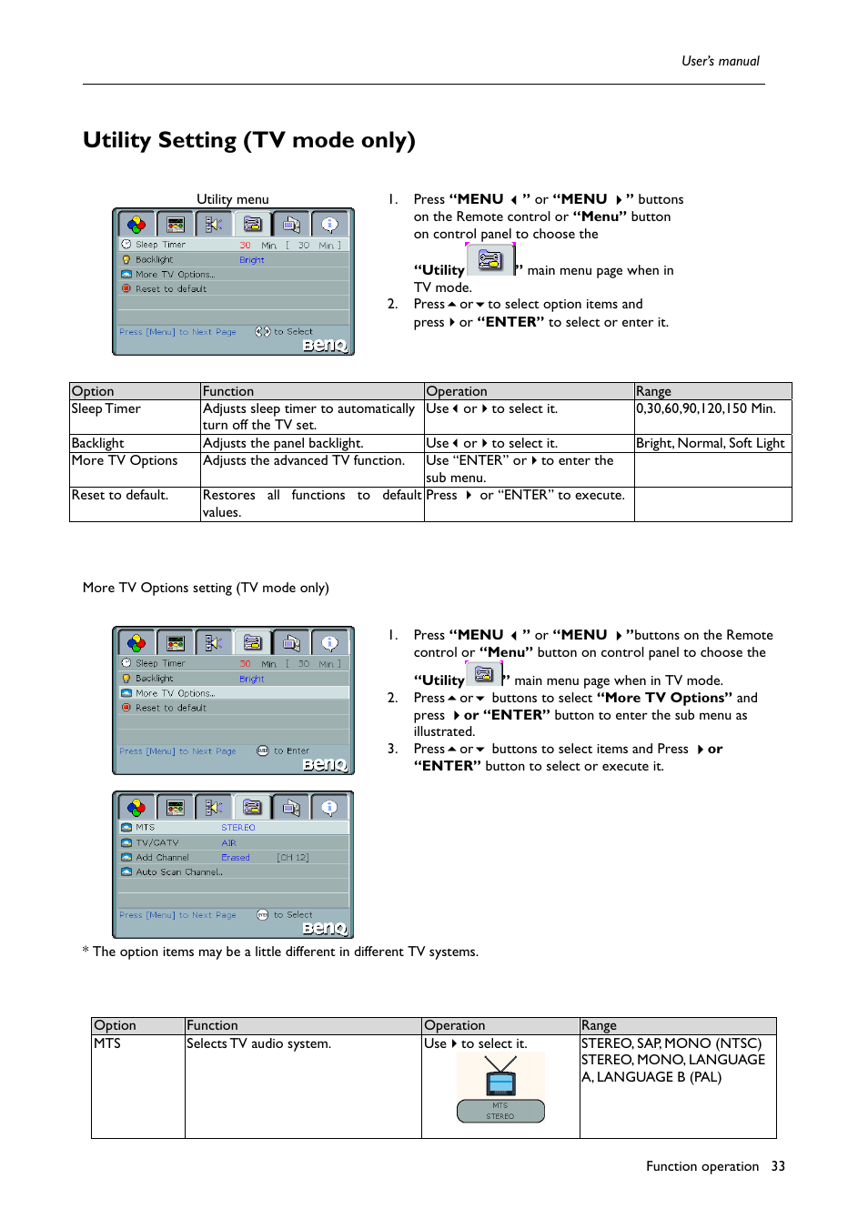 Utility setting (tv mode only) | BenQ H200:A User Manual | Page 35 / 48