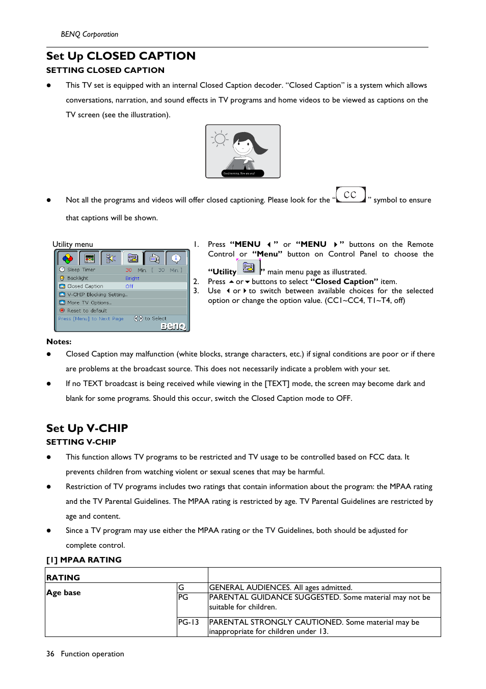 Set up closed caption, Set up v-chip | BenQ H200:A User Manual | Page 38 / 48