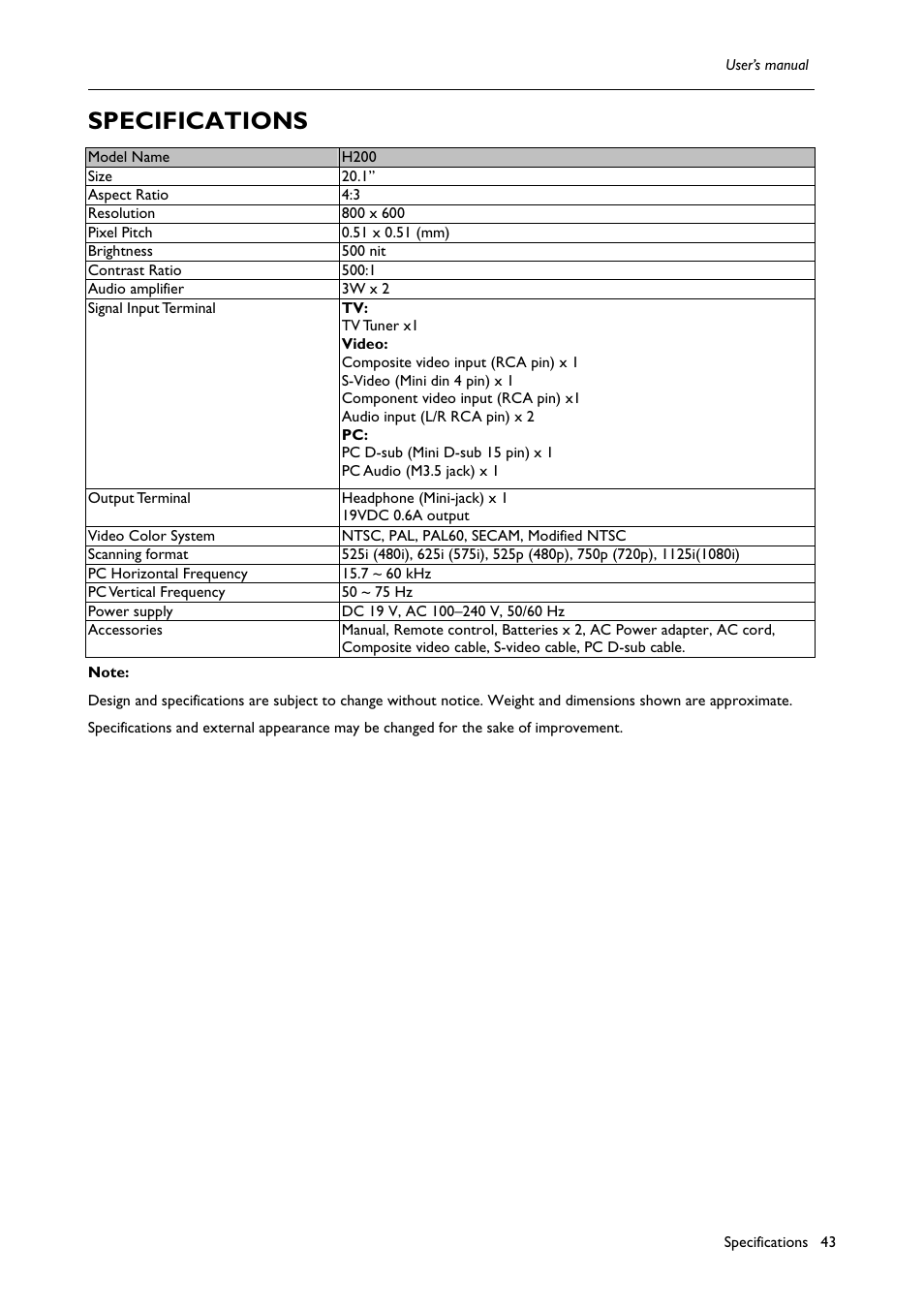 Specifications | BenQ H200:A User Manual | Page 45 / 48