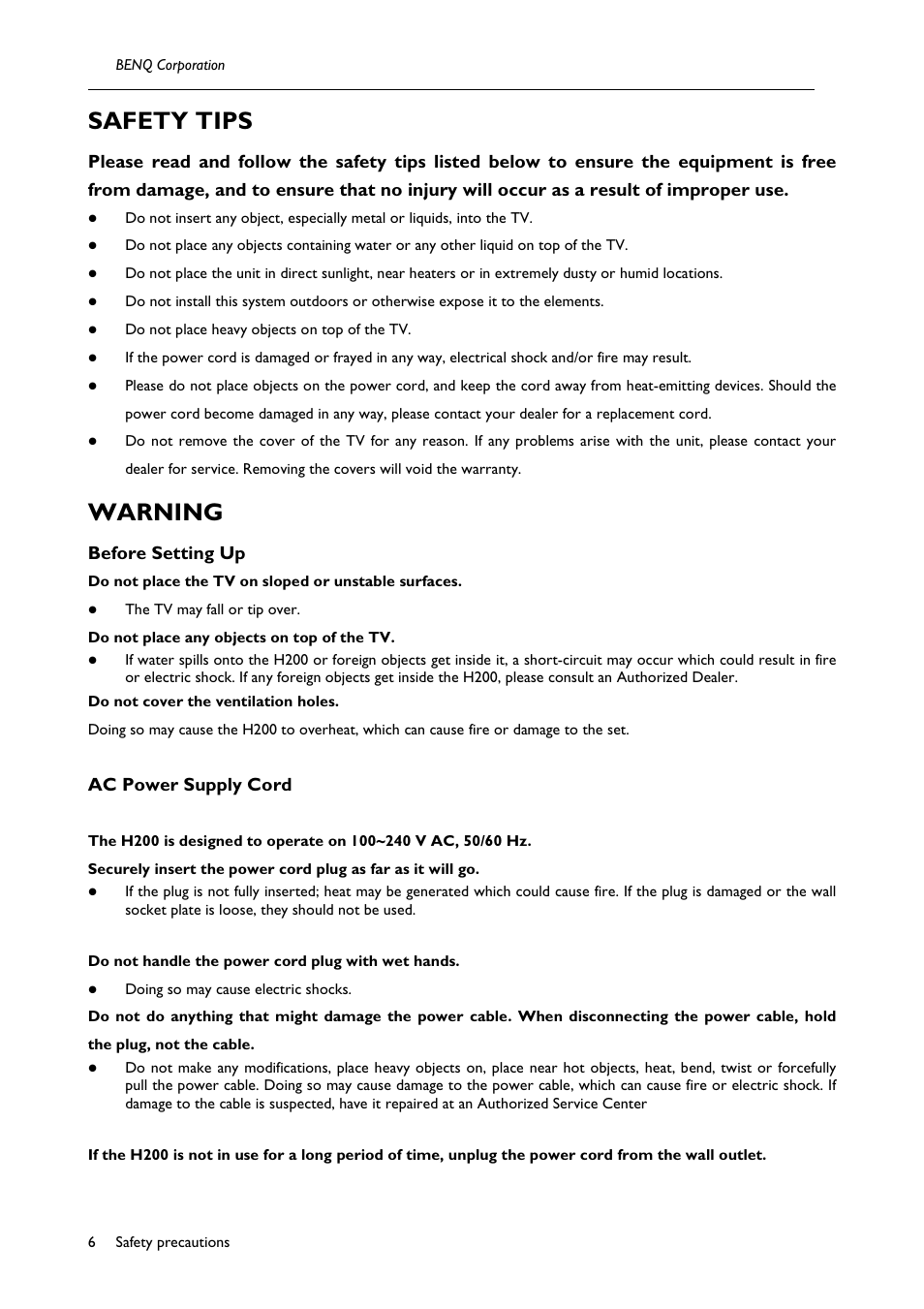 Safety tips, Warning, Before setting up | Ac power supply cord | BenQ H200:A User Manual | Page 8 / 48