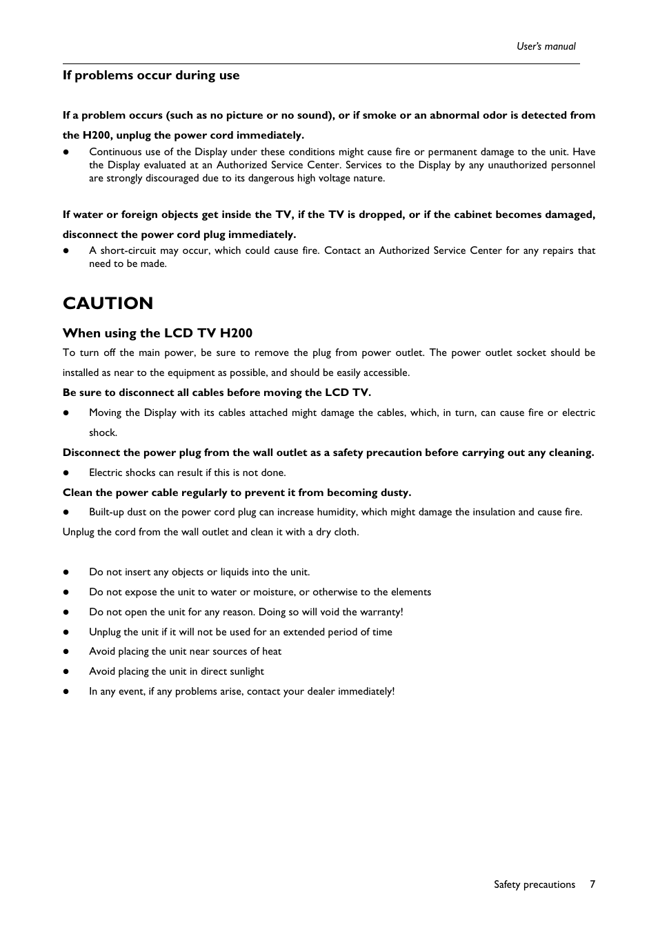 Caution, If problems occur during use, When using the lcd tv h200 | BenQ H200:A User Manual | Page 9 / 48