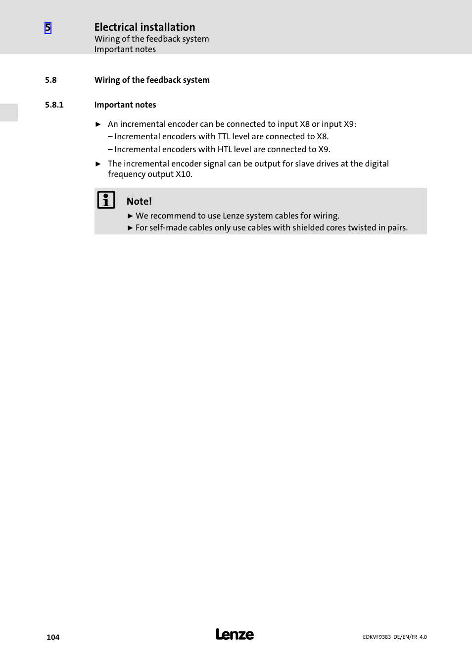 8 wiring of the feedback system, 1 important notes, Wiring of the feedback system | Important notes | Lenze EVF9383 User Manual | Page 104 / 166