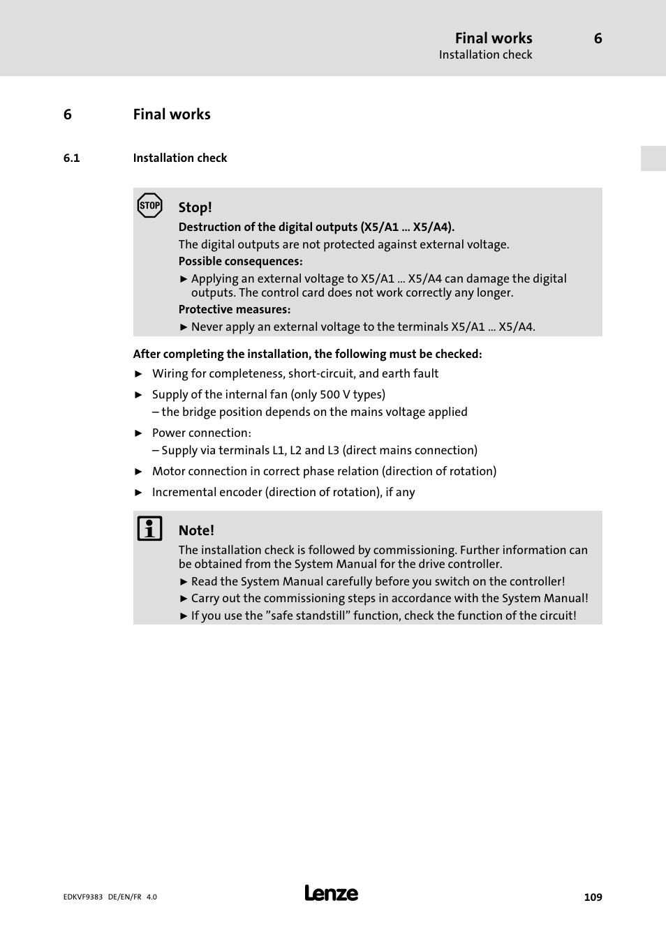 6 final works, 1 installation check, Final works | Installation check | Lenze EVF9383 User Manual | Page 109 / 166