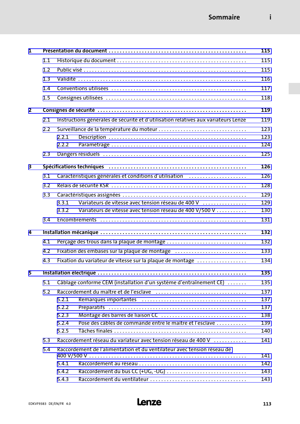 Sommaire, Sommaire i | Lenze EVF9383 User Manual | Page 113 / 166