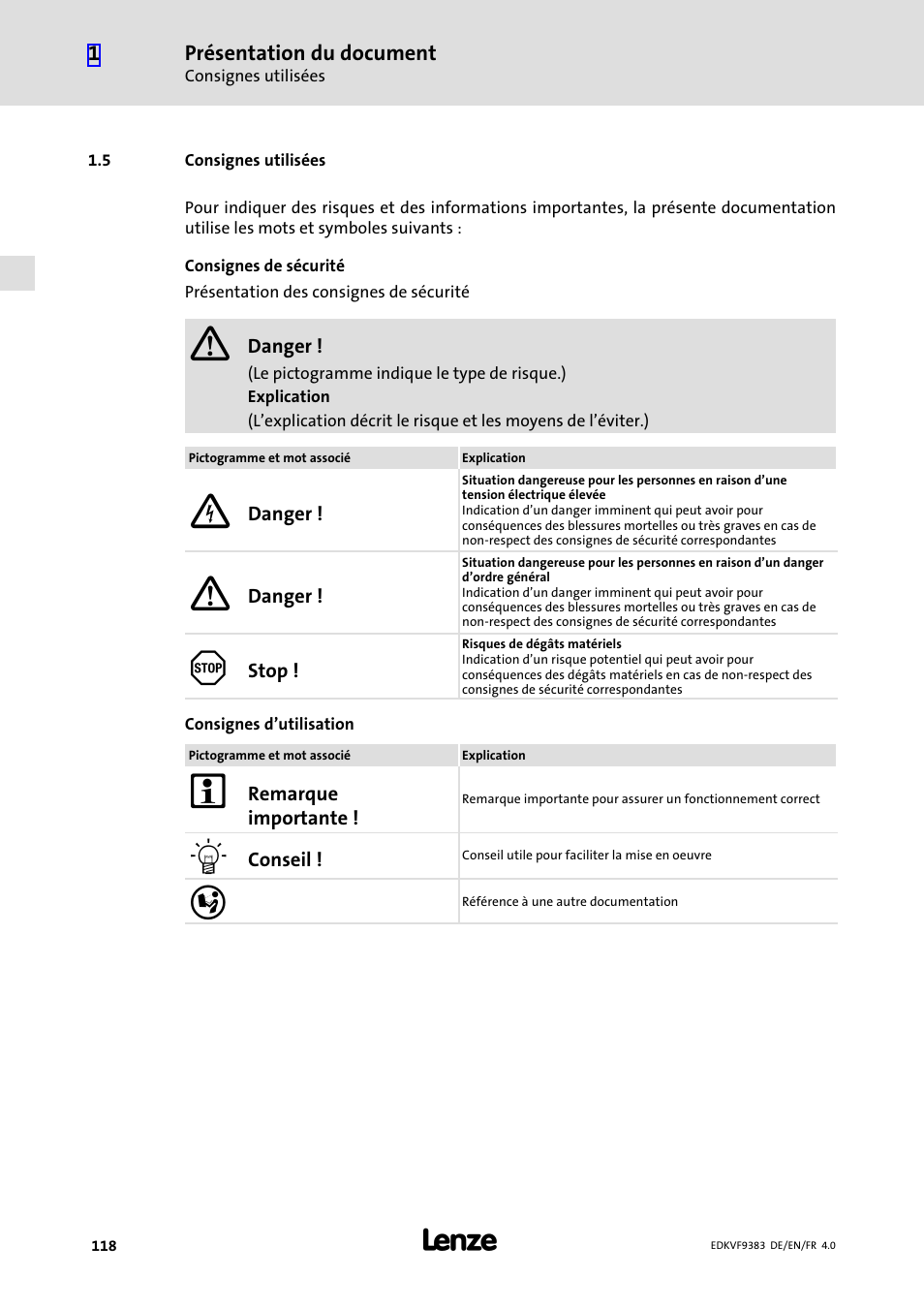 5 consignes utilisées, Consignes utilisées | Lenze EVF9383 User Manual | Page 118 / 166