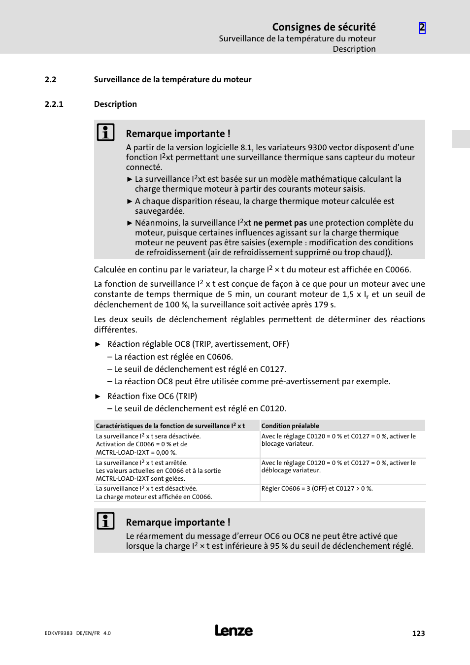 2 surveillance de la température du moteur, 1 description, Consignes de sécurité | Remarque importante | Lenze EVF9383 User Manual | Page 123 / 166