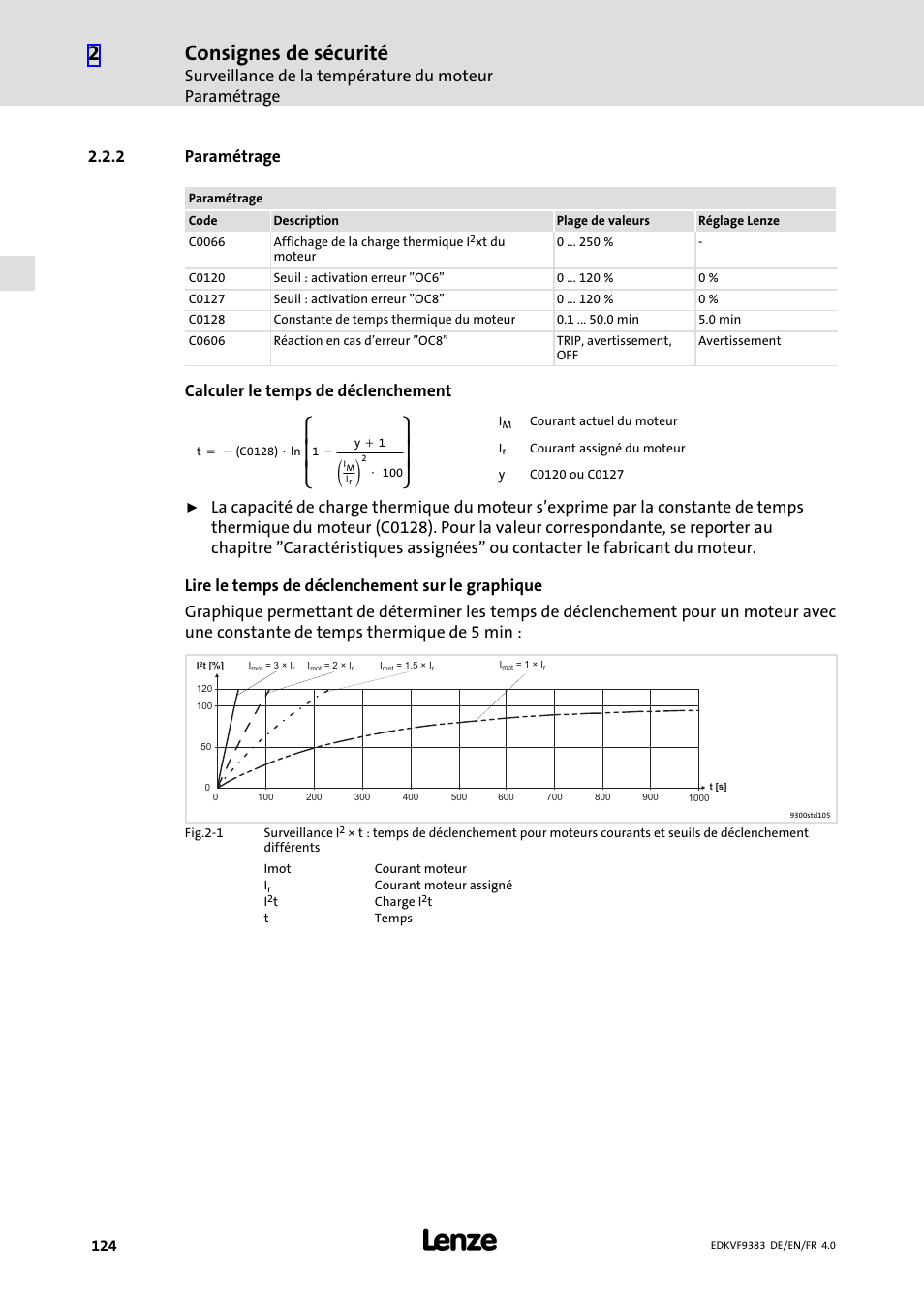 2 paramétrage, Surveillance de la température du moteur, Description | Ȧȡ ȣ, Ȧȣ ȥ, Consignes de sécurité, Calculer le temps de déclenchement | Lenze EVF9383 User Manual | Page 124 / 166