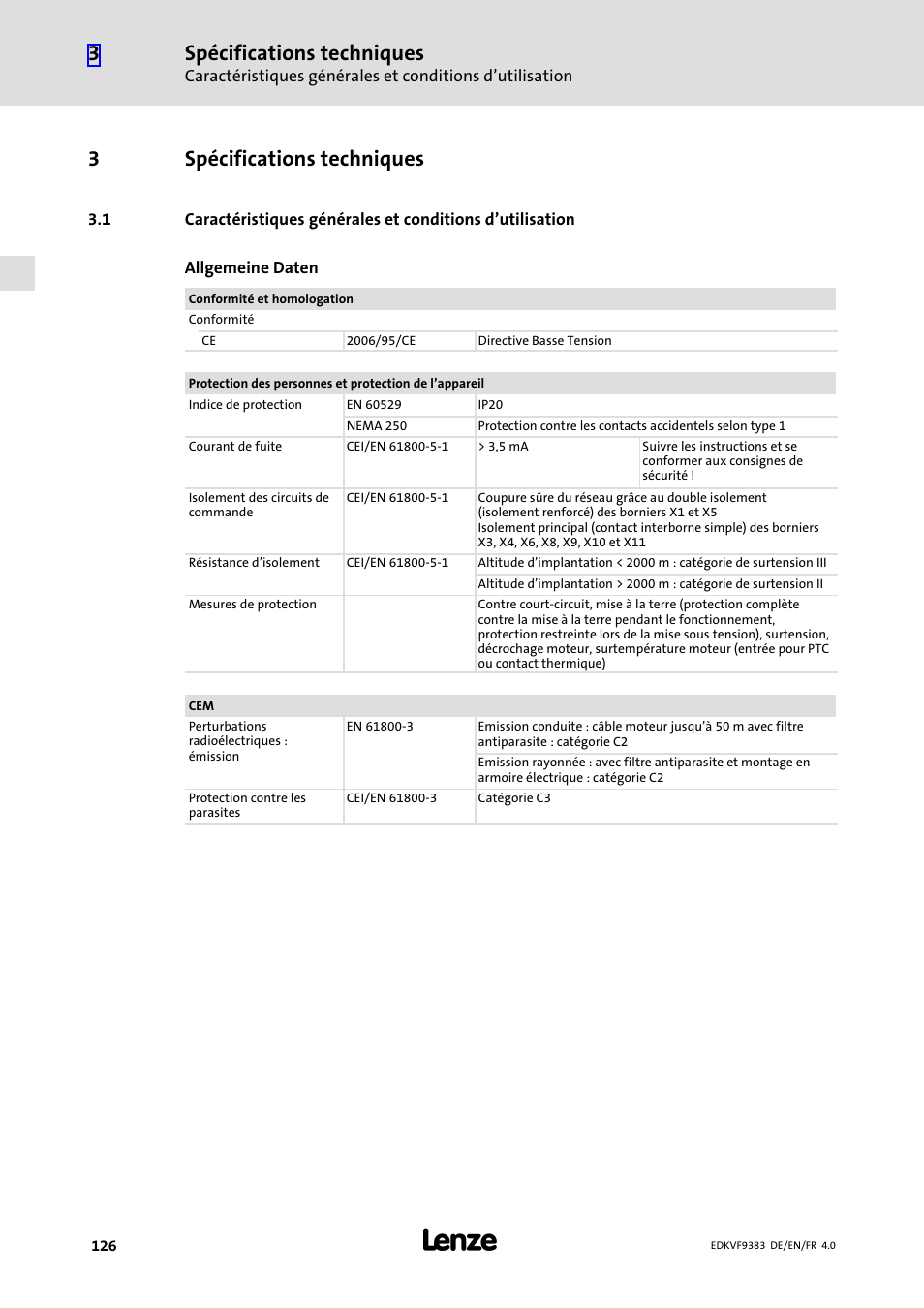 3 spécifications techniques, Dangers résiduels, Spécifications techniques | 3spécifications techniques | Lenze EVF9383 User Manual | Page 126 / 166