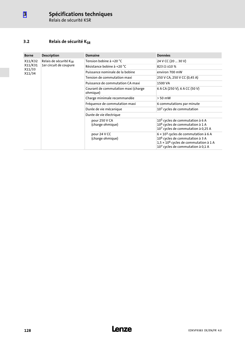 2 relais de sécurité ksr, Spécifications techniques | Lenze EVF9383 User Manual | Page 128 / 166