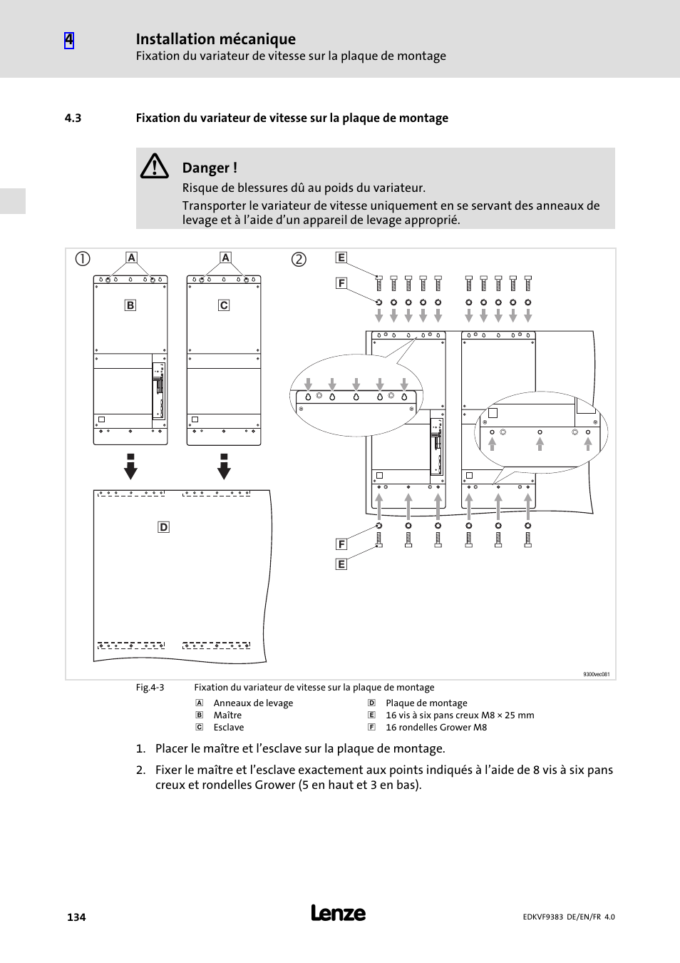Fixation des embases sur la plaque de montage | Lenze EVF9383 User Manual | Page 134 / 166