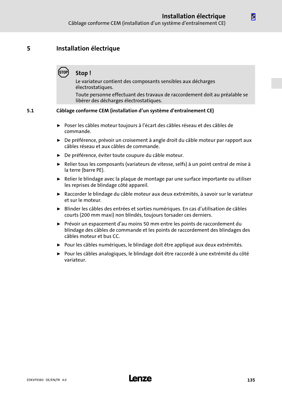 5 installation électrique, Installation électrique, 5installation électrique | Lenze EVF9383 User Manual | Page 135 / 166