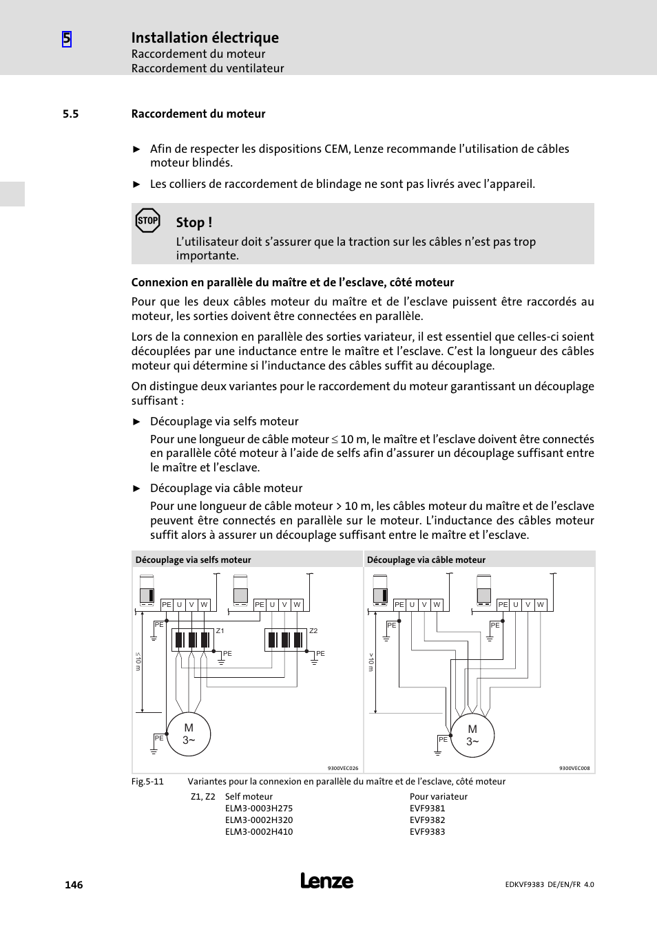 5 raccordement du moteur, Installation électrique, Stop | Lenze EVF9383 User Manual | Page 146 / 166