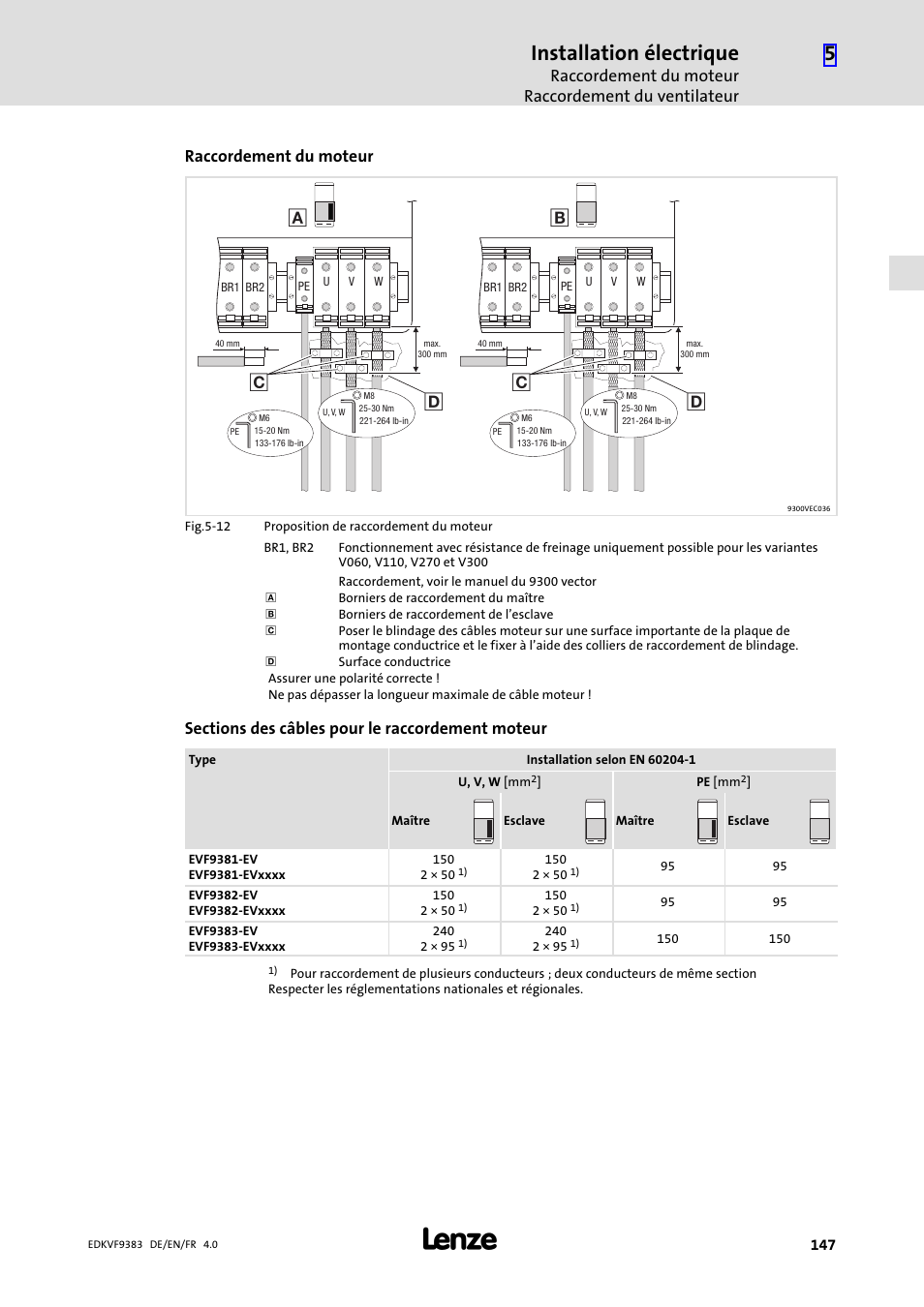 Raccordement du moteur, Installation électrique, Raccordement du moteur raccordement du ventilateur | Lenze EVF9383 User Manual | Page 147 / 166