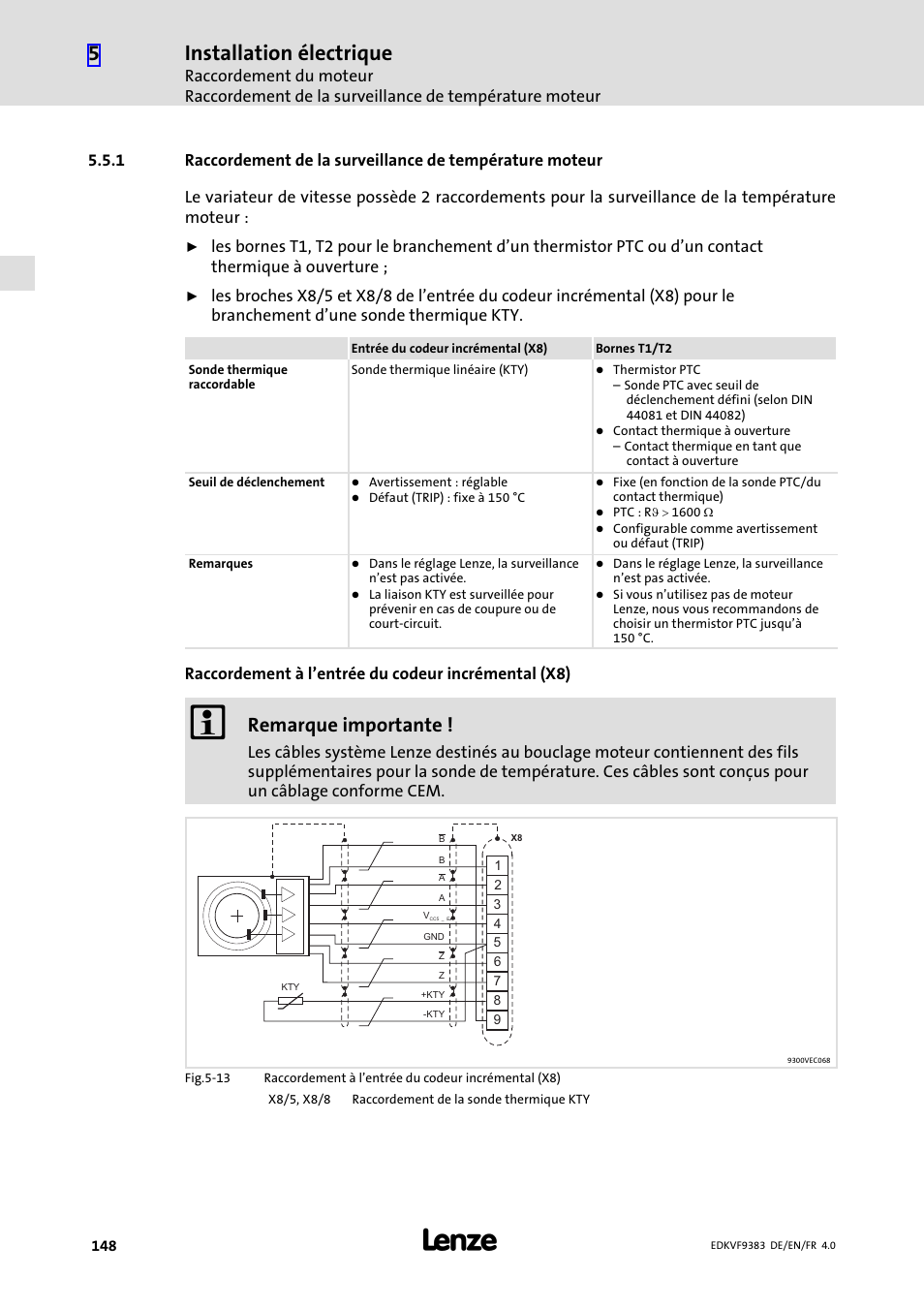 Installation électrique, Remarque importante, Raccordement à l’entrée du codeur incrémental (x8) | Lenze EVF9383 User Manual | Page 148 / 166