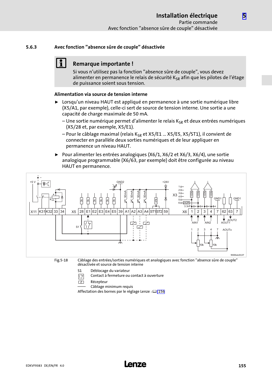 Installation électrique, Remarque importante | Lenze EVF9383 User Manual | Page 155 / 166