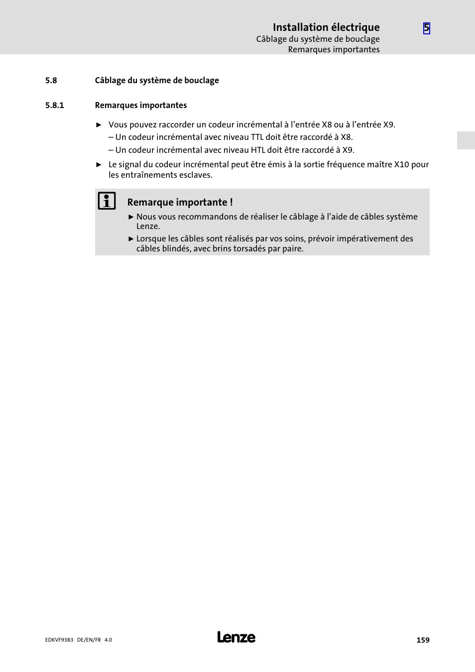8 câblage du système de bouclage, 1 remarques importantes, Raccordement du bus système can | Lenze EVF9383 User Manual | Page 159 / 166