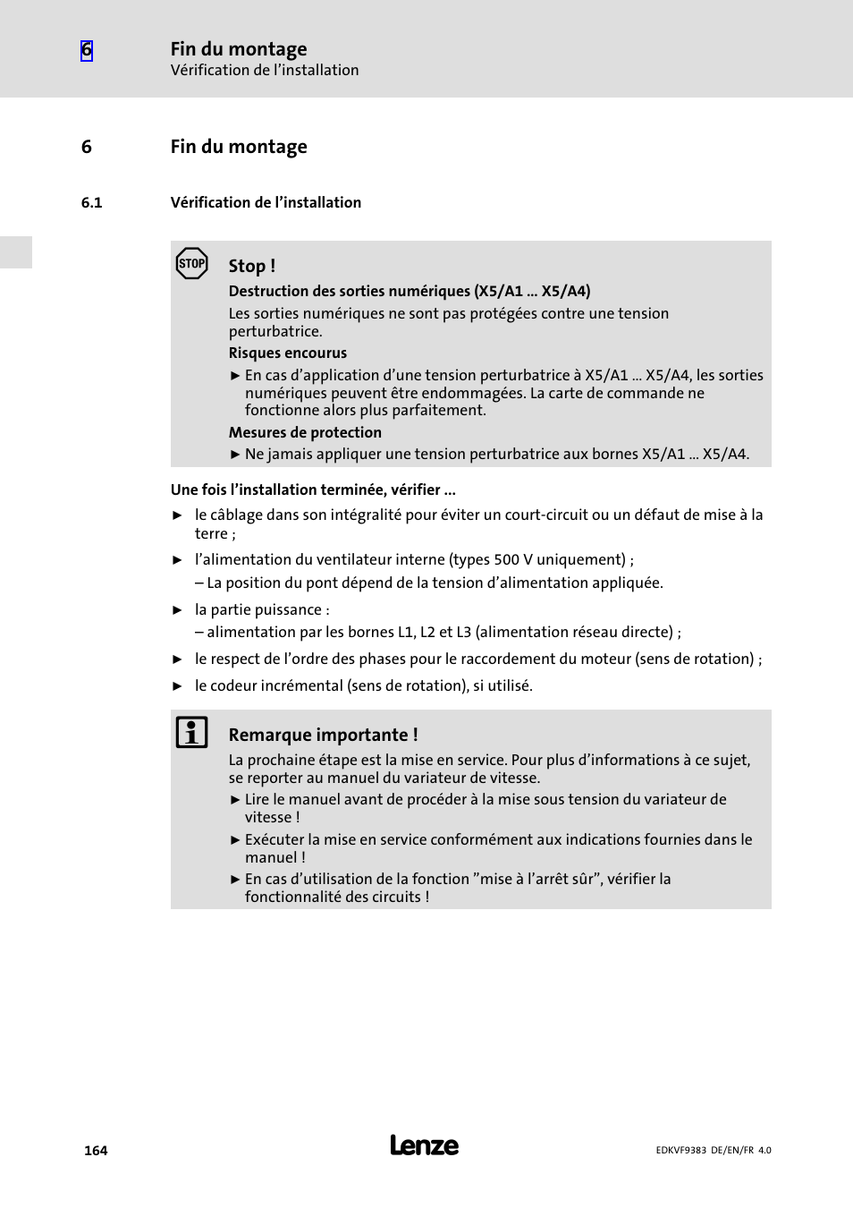 6 fin du montage, 1 vérification de l'installation | Lenze EVF9383 User Manual | Page 164 / 166