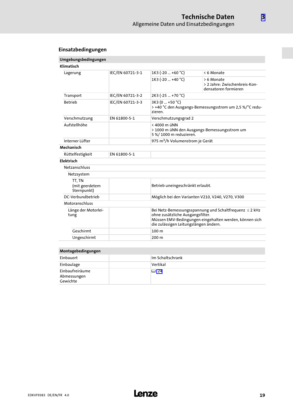 Technische daten | Lenze EVF9383 User Manual | Page 19 / 166