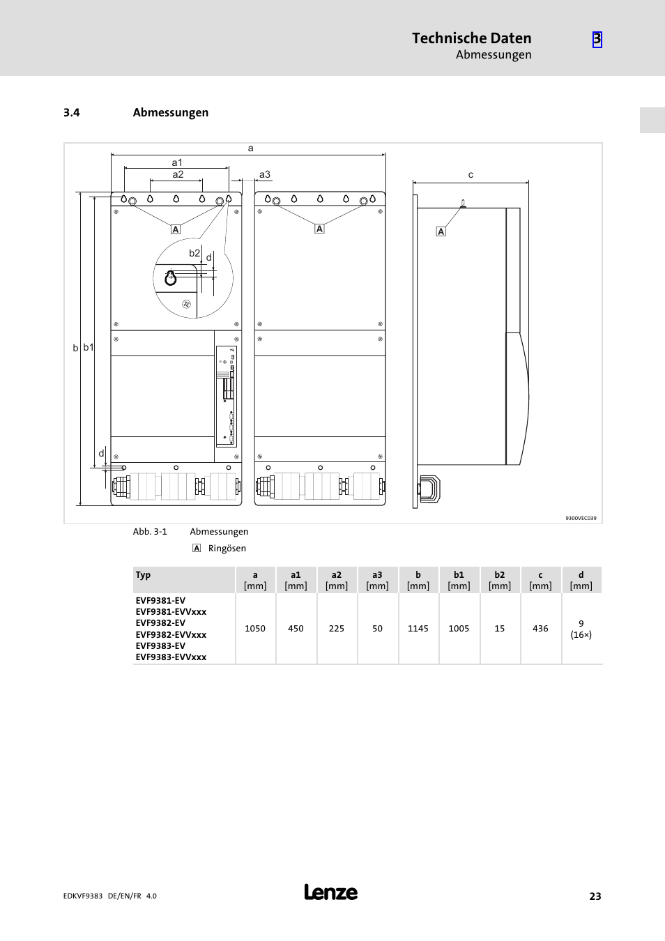 4 abmessungen, Abmessungen, Technische daten | Lenze EVF9383 User Manual | Page 23 / 166