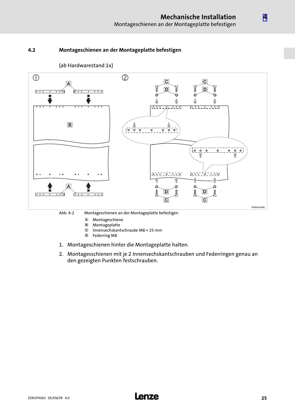 2 montageschienen an der montageplatte befestigen, Montageschienen an der montageplatte befestigen | Lenze EVF9383 User Manual | Page 25 / 166