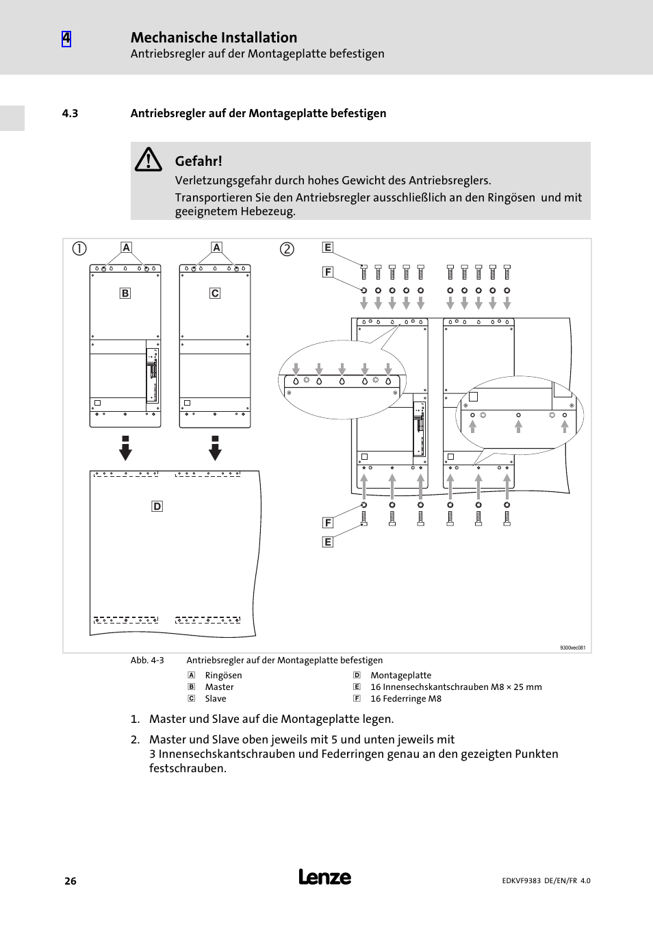 3 antriebsregler auf der montageplatte befestigen, Antriebsregler auf der montageplatte befestigen | Lenze EVF9383 User Manual | Page 26 / 166