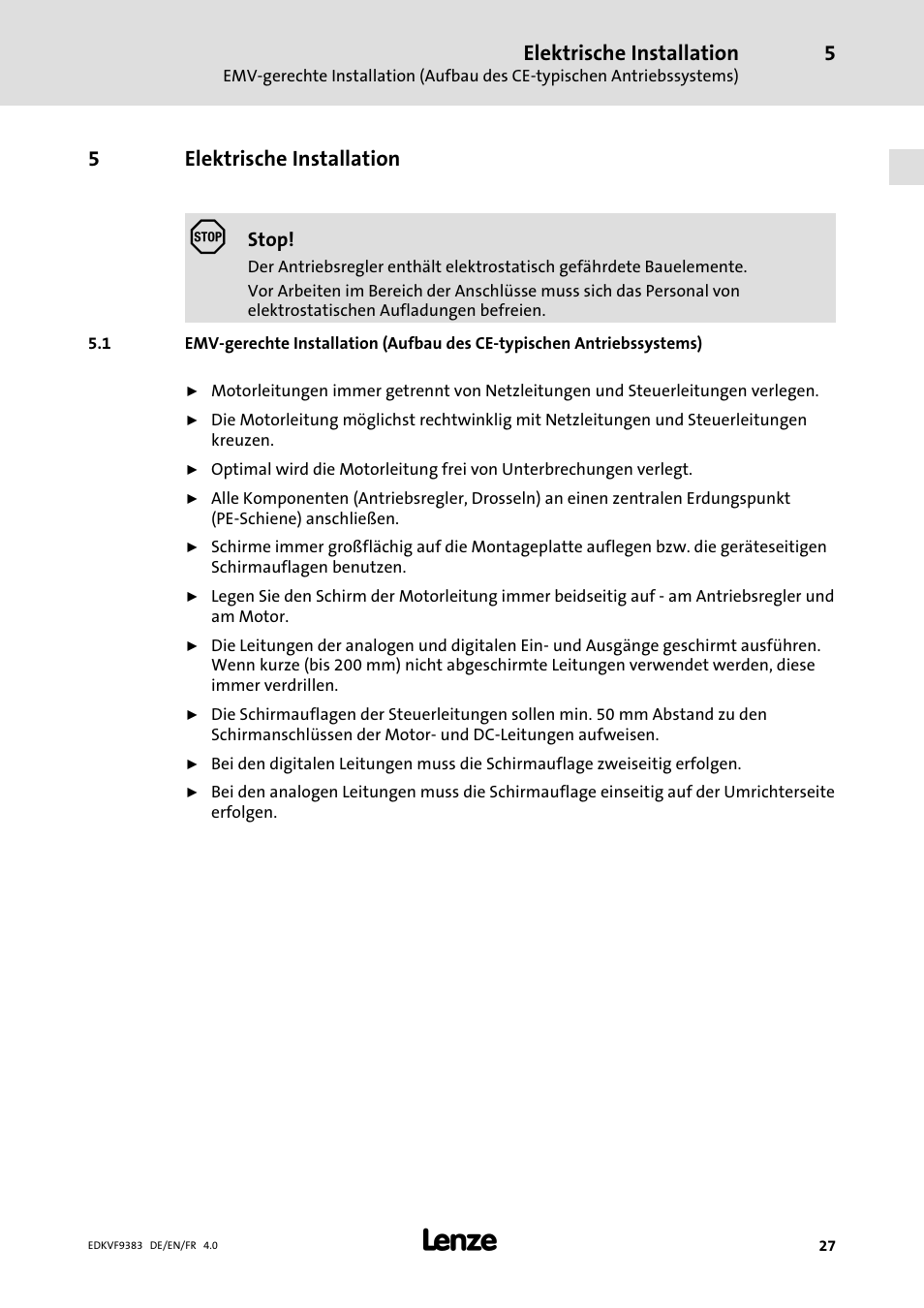 5 elektrische installation, Elektrische installation, 5elektrische installation | Lenze EVF9383 User Manual | Page 27 / 166