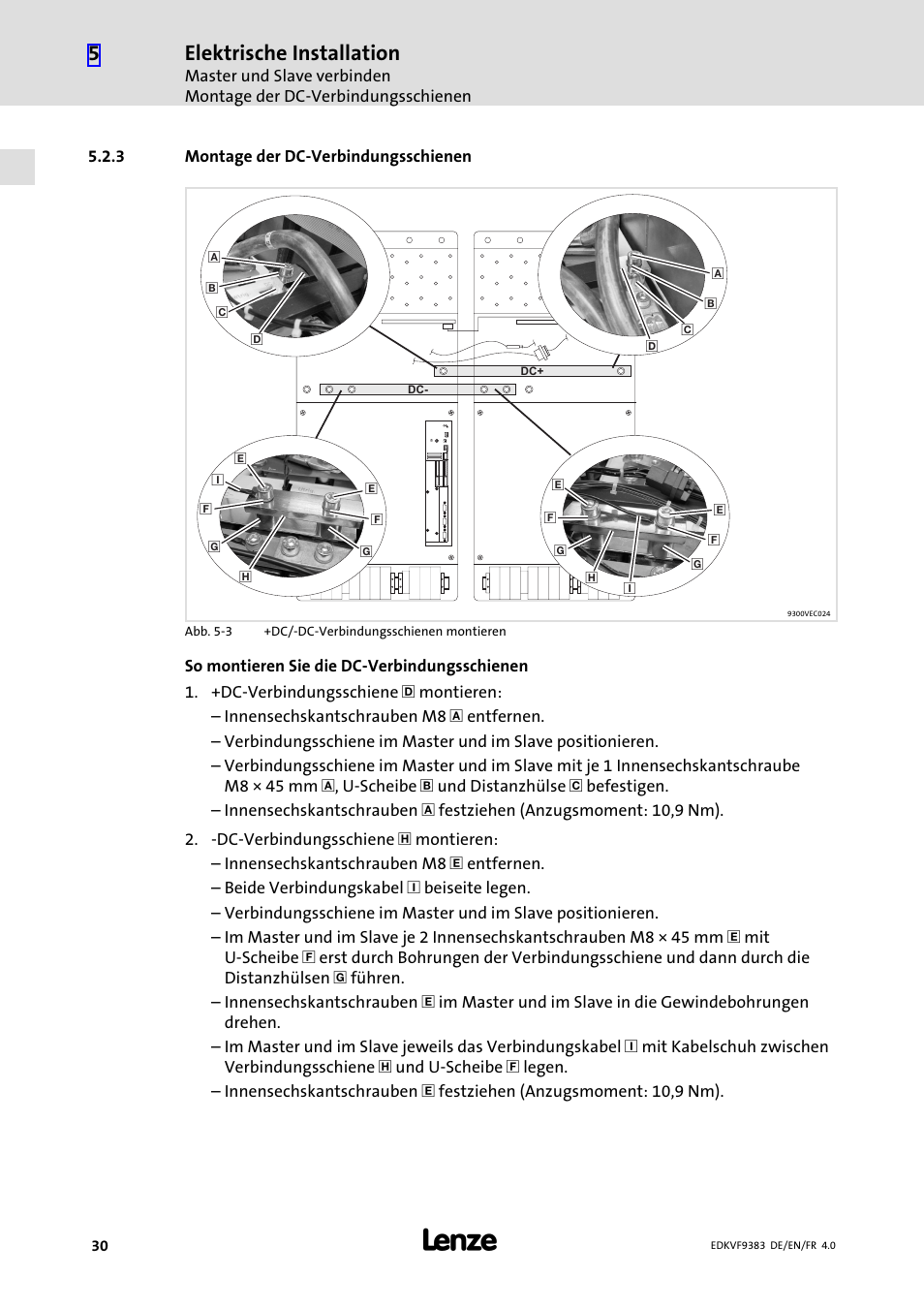 3 montage der dc-verbindungsschienen, Montage der dc−verbindungsschienen, Elektrische installation | Lenze EVF9383 User Manual | Page 30 / 166