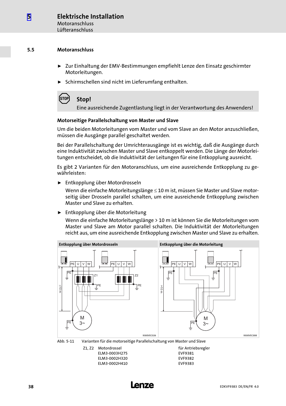 5 motoranschluss, Motoranschluss, Elektrische installation | Stop | Lenze EVF9383 User Manual | Page 38 / 166