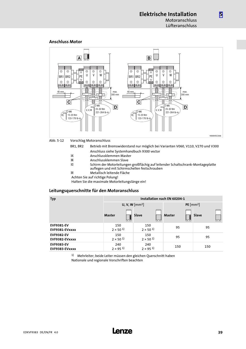 Elektrische installation, Motoranschluss lüfteranschluss, Anschluss motor | Leitungsquerschnitte für den motoranschluss | Lenze EVF9383 User Manual | Page 39 / 166