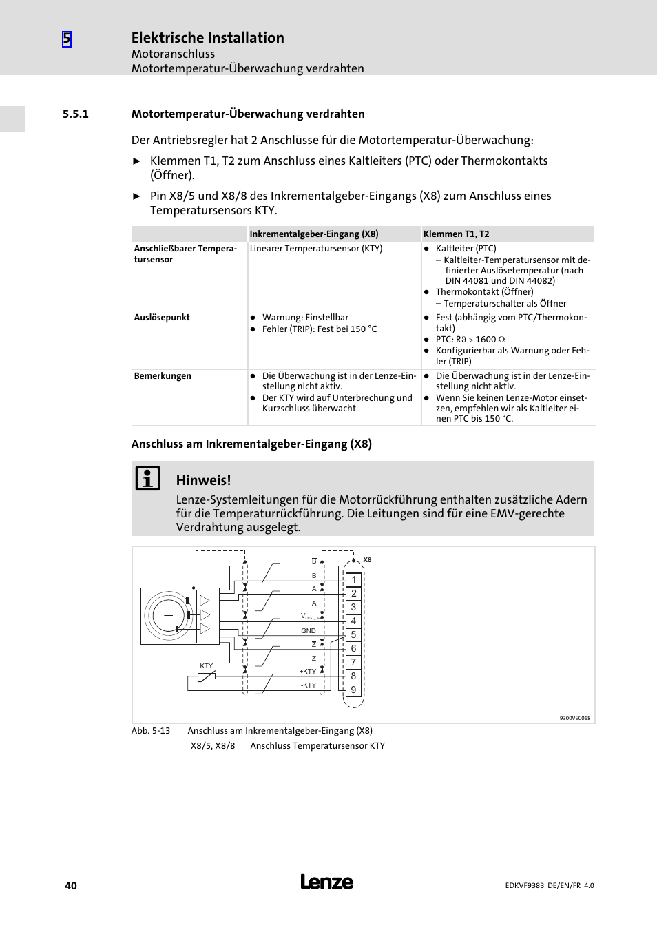 1 motortemperatur-überwachung verdrahten, Motortemperatur−überwachung verdrahten, Elektrische installation | Hinweis, Anschluss am inkrementalgeber−eingang (x8) | Lenze EVF9383 User Manual | Page 40 / 166