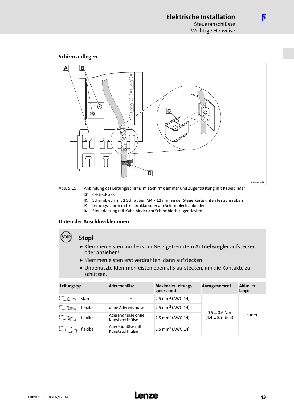 Elektrische installation, Stop | Lenze EVF9383 User Manual | Page 43 / 166