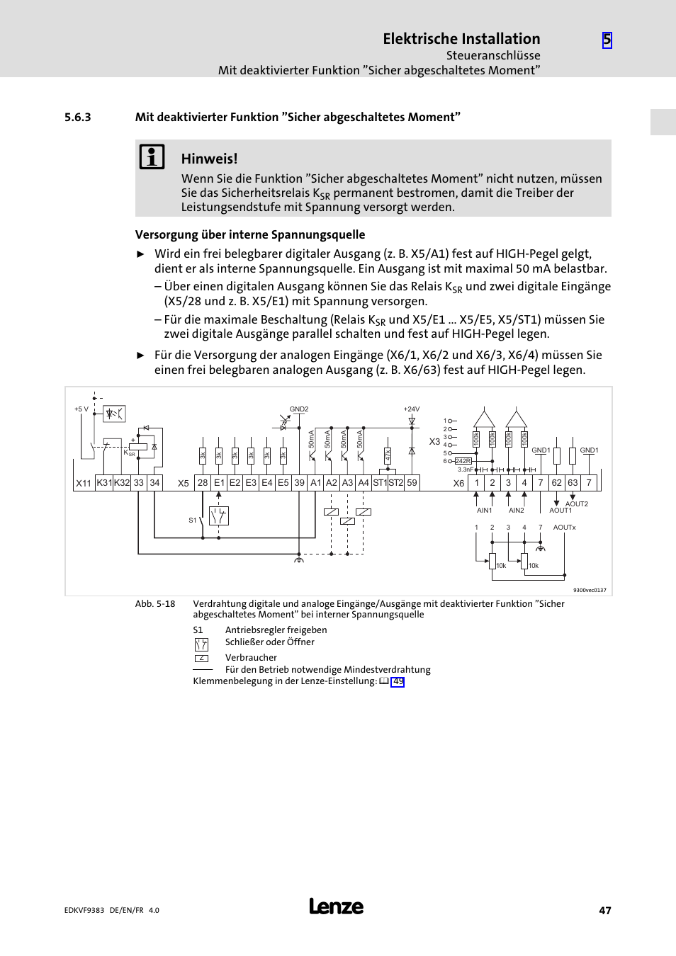 Elektrische installation, Hinweis | Lenze EVF9383 User Manual | Page 47 / 166