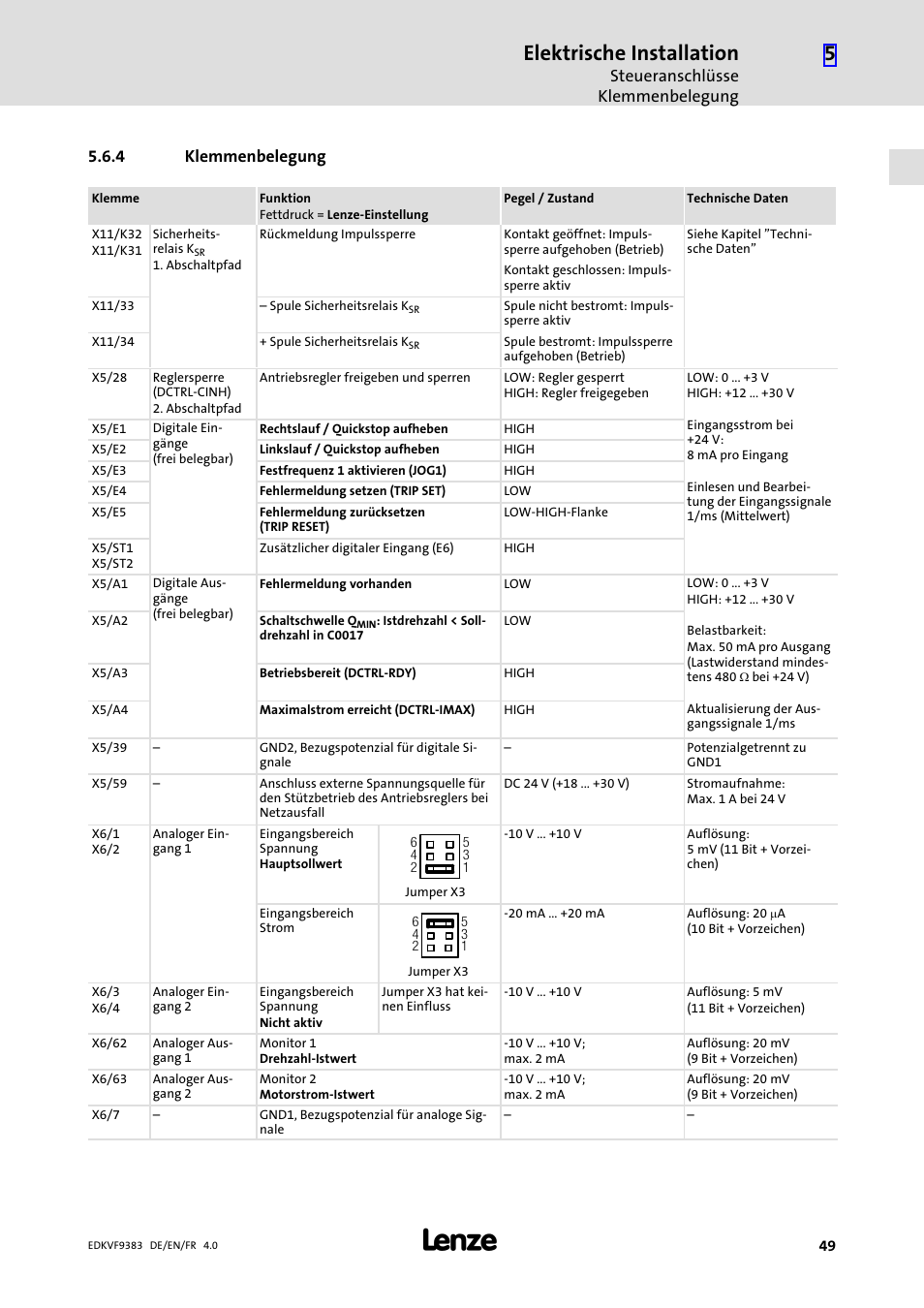 4 klemmenbelegung, Klemmenbelegung, Elektrische installation | Lenze EVF9383 User Manual | Page 49 / 166