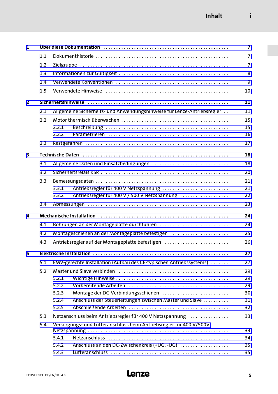 Inhalt, Inhalt i | Lenze EVF9383 User Manual | Page 5 / 166