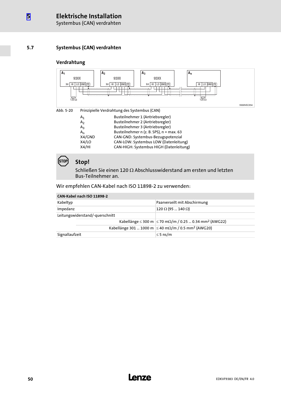 7 systembus (can) verdrahten, Systembus (can) verdrahten, Elektrische installation | Stop, 7 systembus (can) verdrahten verdrahtung | Lenze EVF9383 User Manual | Page 50 / 166
