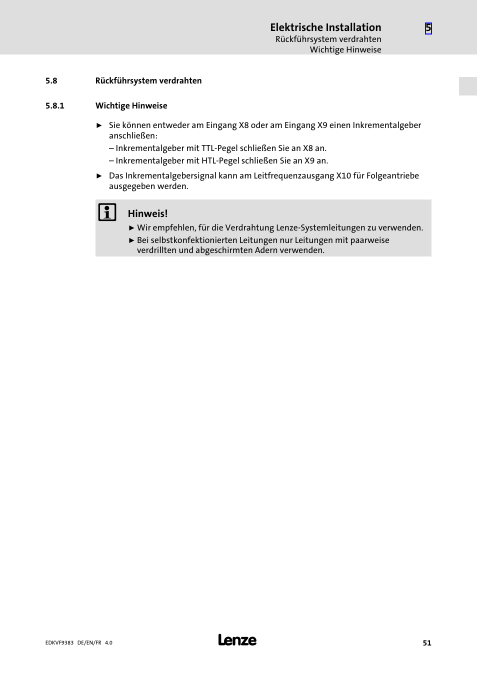 8 rückführsystem verdrahten, 1 wichtige hinweise, Rückführsystem verdrahten | Wichtige hinweise | Lenze EVF9383 User Manual | Page 51 / 166