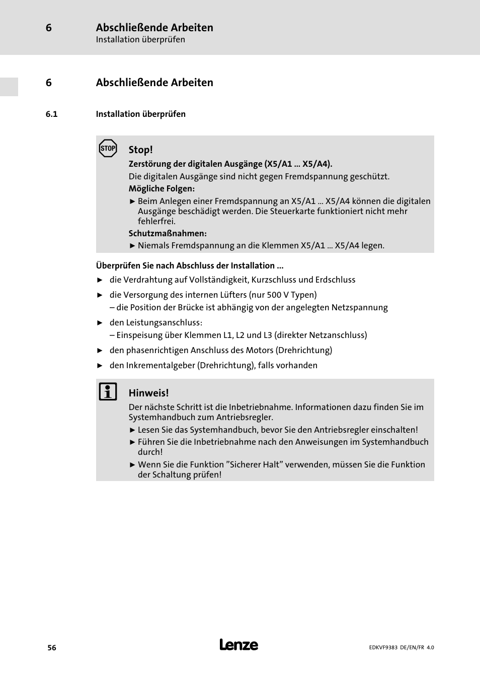 6 abschließende arbeiten, 1 installation überprüfen, Abschließende arbeiten | Installation überprüfen | Lenze EVF9383 User Manual | Page 56 / 166