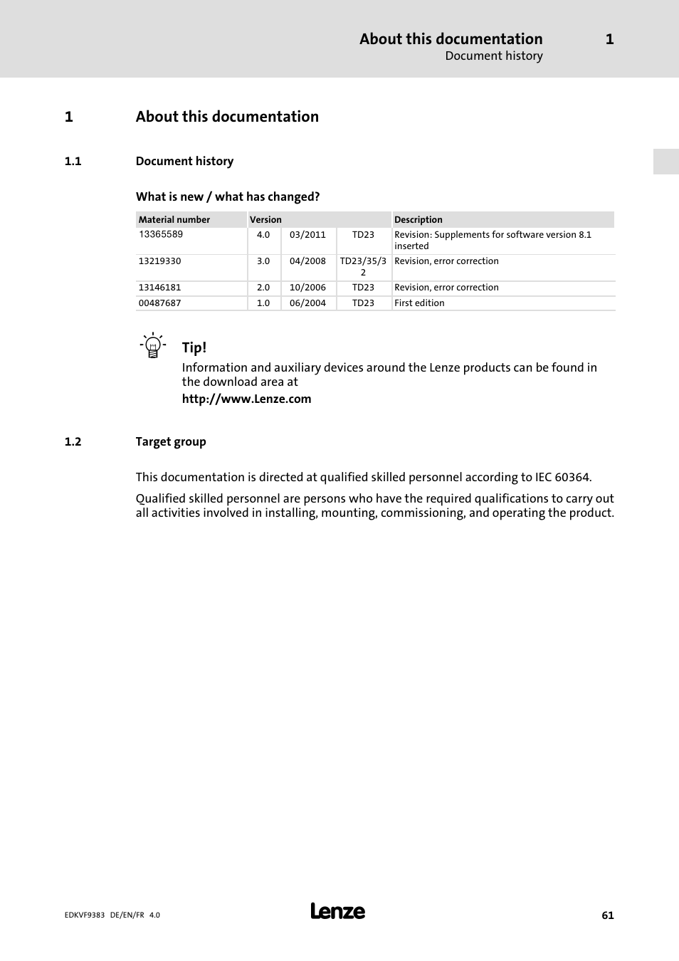 1 about this documentation, 1 document history, 2 target group | About this documentation, Document history, Target group, 1about this documentation | Lenze EVF9383 User Manual | Page 61 / 166