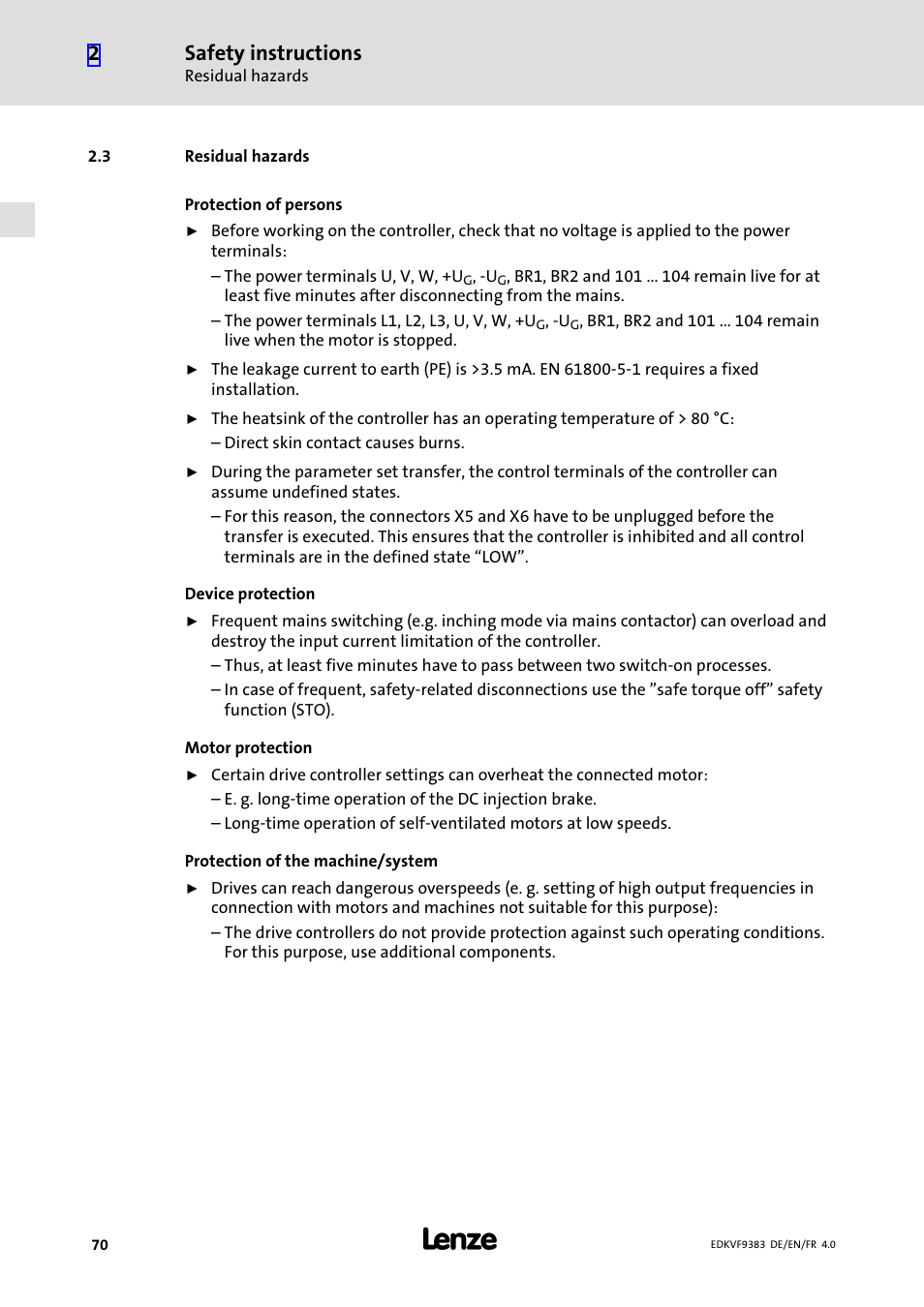 3 residual hazards, Residual hazards, Safety instructions | Lenze EVF9383 User Manual | Page 70 / 166