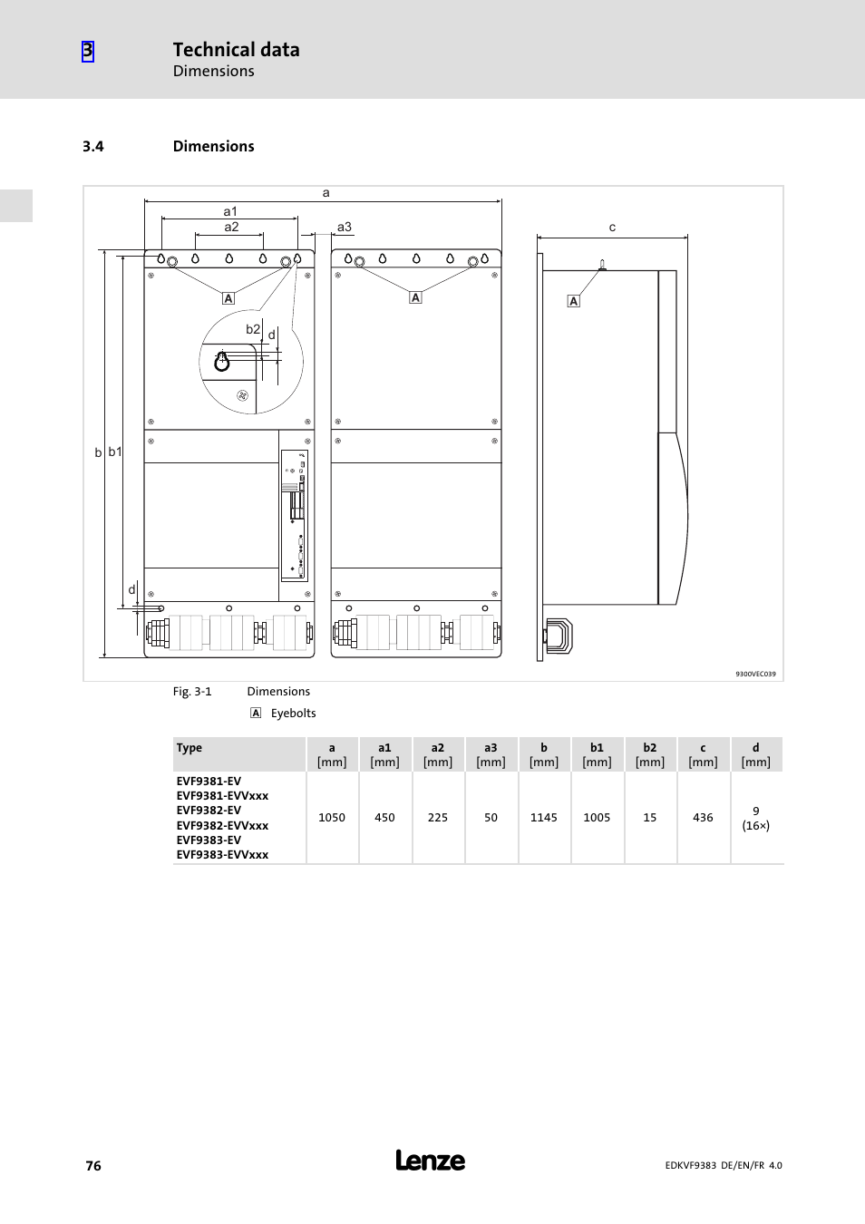 4 dimensions, Dimensions, Technical data | Lenze EVF9383 User Manual | Page 76 / 166