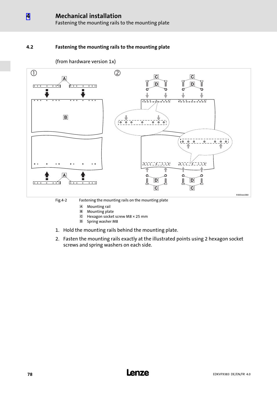 Fastening the mounting rails to the mounting plate | Lenze EVF9383 User Manual | Page 78 / 166