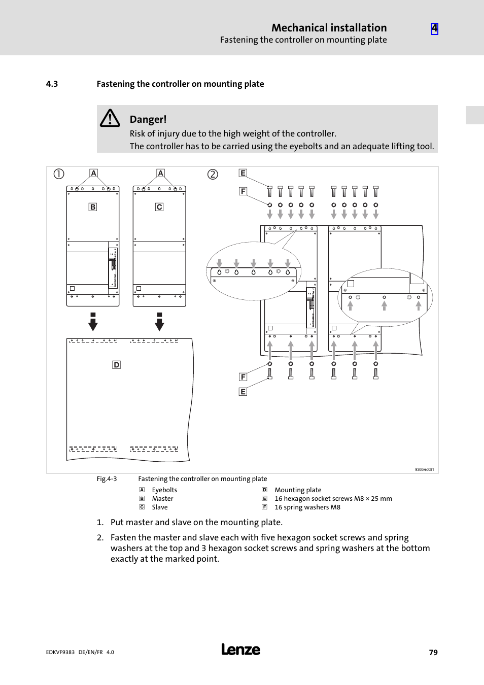 3 fastening the controller on mounting plate, Fastening the controller on mounting plate | Lenze EVF9383 User Manual | Page 79 / 166