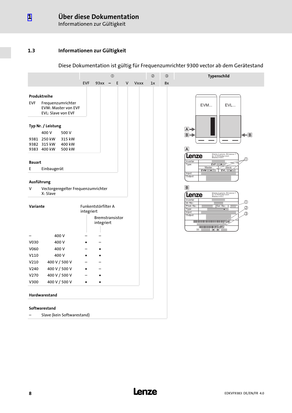 3 informationen zur gültigkeit, Informationen zur gültigkeit, Über diese dokumentation | Lenze EVF9383 User Manual | Page 8 / 166