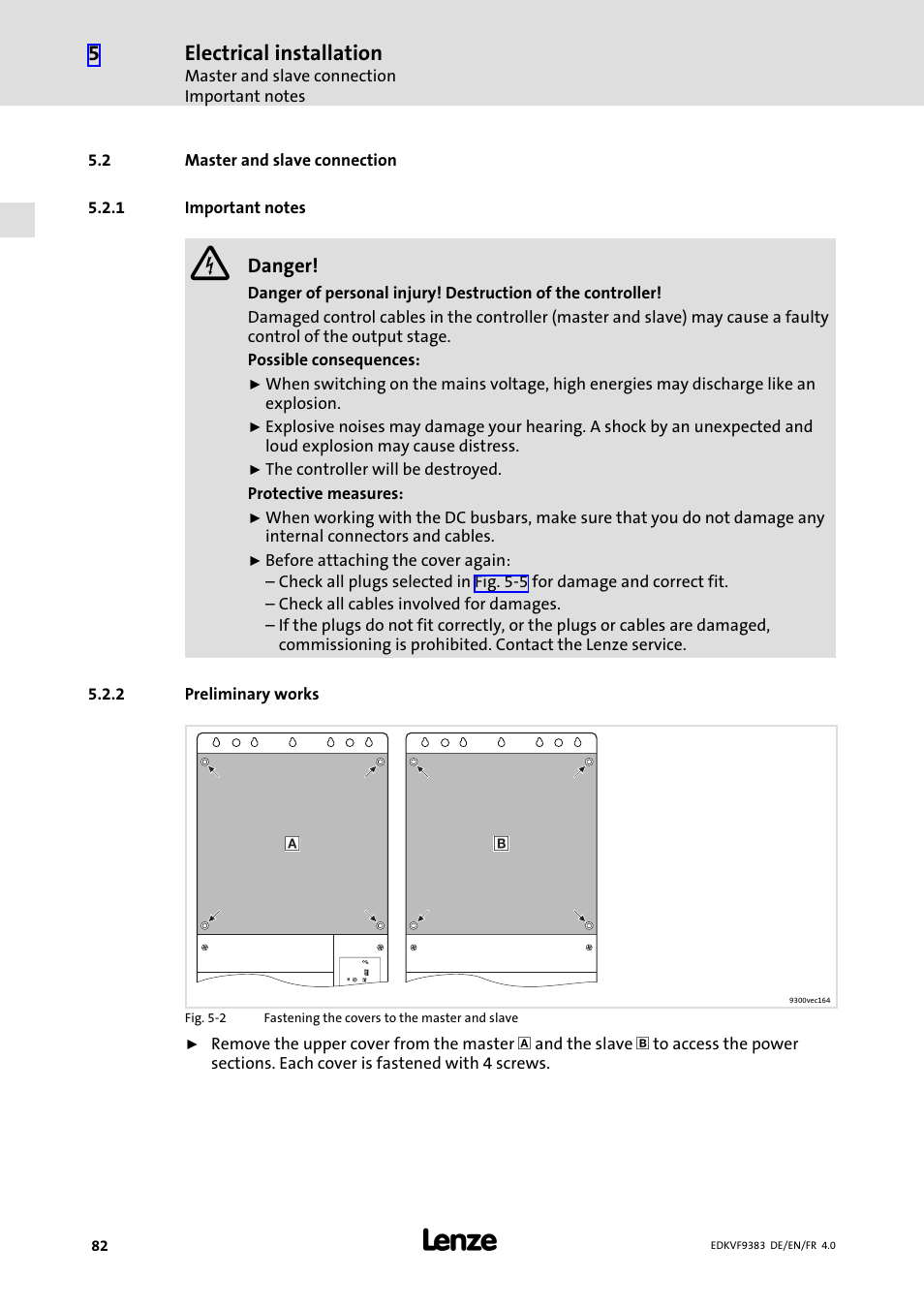 2 master and slave connection, 1 important notes, 2 preliminary works | Master and slave connection, Important notes, Preliminary works, Electrical installation | Lenze EVF9383 User Manual | Page 82 / 166