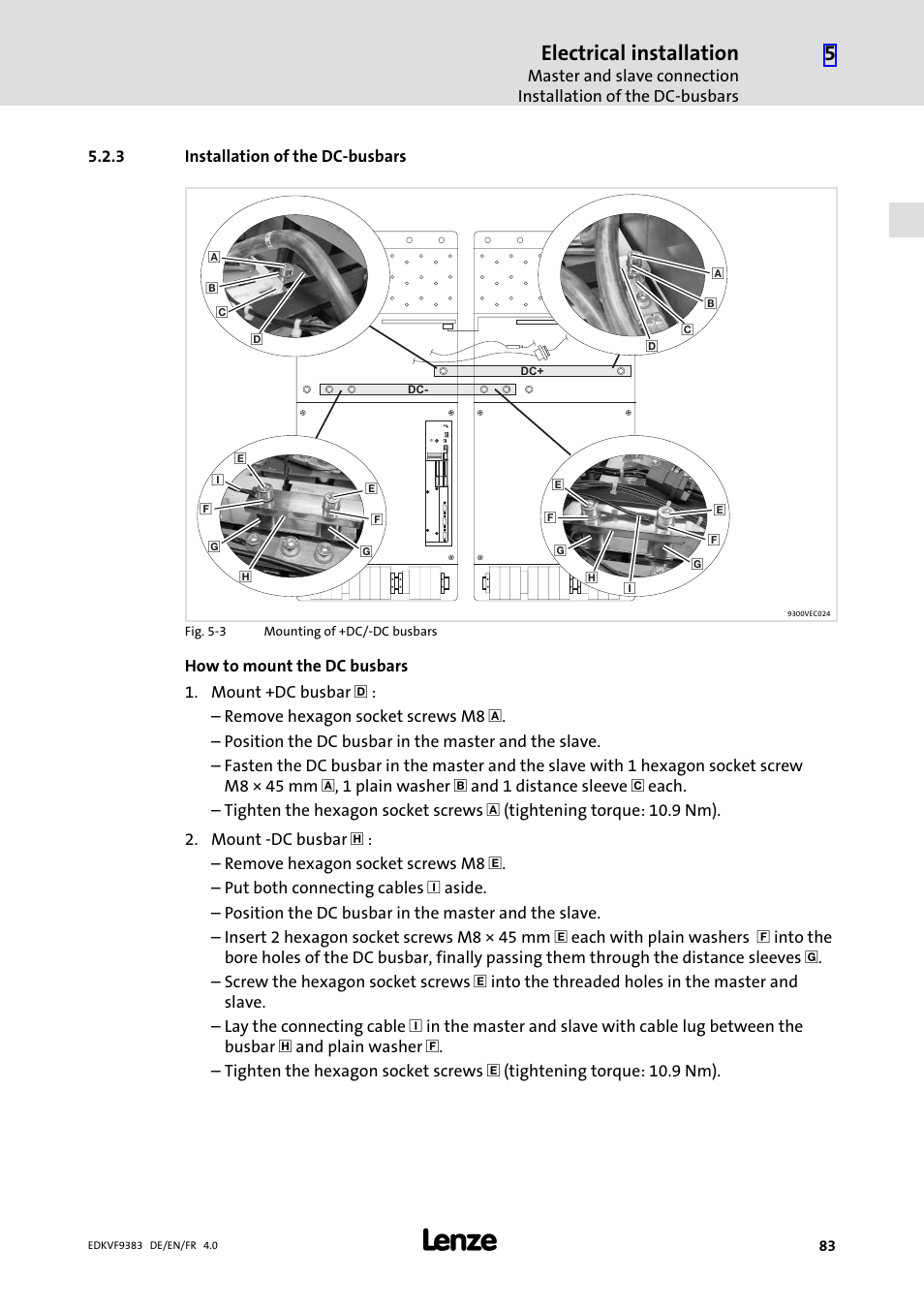 3 installation of the dc-busbars, Installation of the dc−busbars, Electrical installation | Lenze EVF9383 User Manual | Page 83 / 166