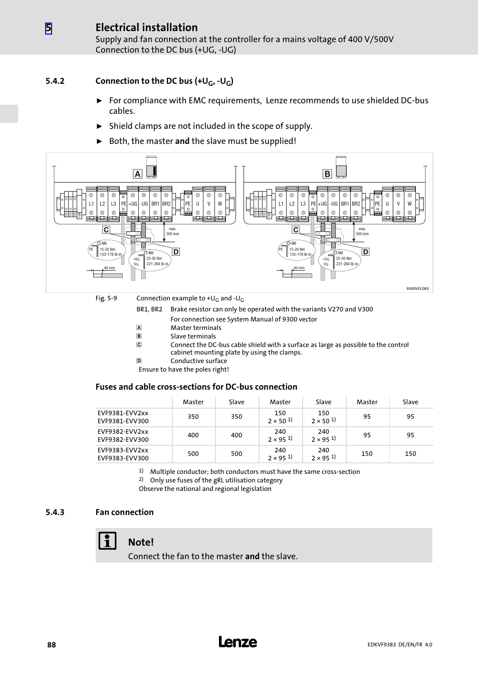 2 connection to the dc bus (+ug, -ug), 3 fan connection, Connection to the dc bus (+ug, −ug) | Fan connection, Electrical installation, 2 connection to the dc bus (+u, Both, the master and the slave must be supplied, Connect the fan to the master and the slave | Lenze EVF9383 User Manual | Page 88 / 166