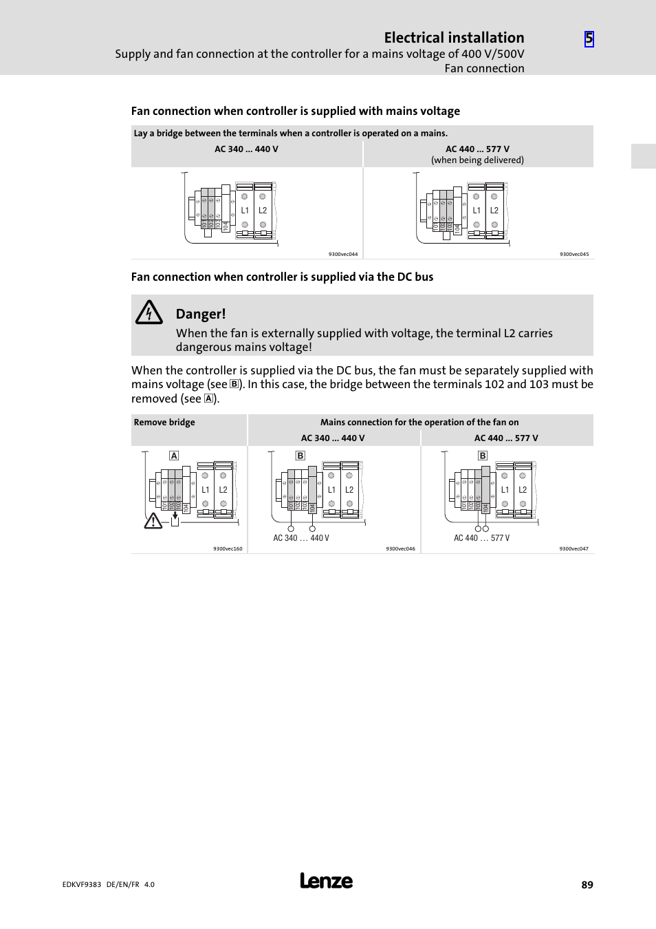 Electrical installation, Danger | Lenze EVF9383 User Manual | Page 89 / 166