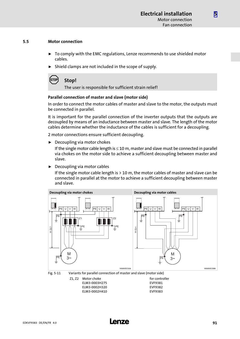 5 motor connection, Motor connection, Electrical installation | Stop | Lenze EVF9383 User Manual | Page 91 / 166